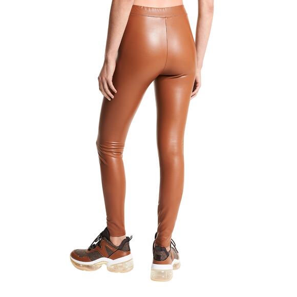 Michael Kors Coated Stretch Leggings Faux Leather Pants Zip Leg Luggage $140 Nwt - Picture 2 of 7